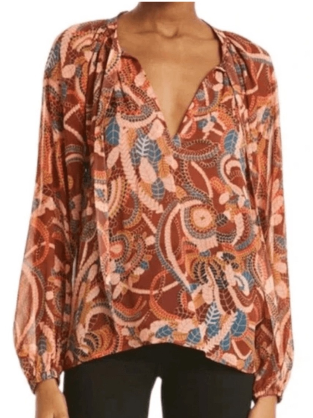 A.L.C. Flowing Paisley Long Sleeve Split  Tie Neck Delphina Silk Blouse Brown 2